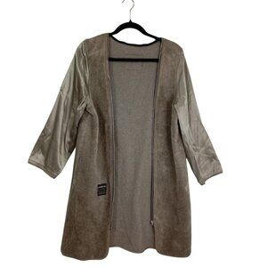 London Fog Maincoat 14R  Womens Tan Faux Fur Open Front With Satin Sleeves